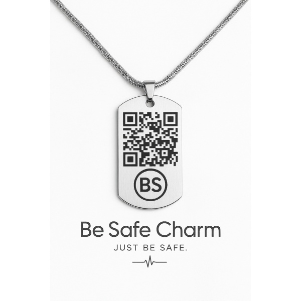 Zilverkleurige BeSafeCharm medische ketting met QR-code en elegante snake chain van 55 cm