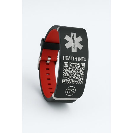 Medische ID-armband met QR-code en zwart siliconen horlogebandje – BeSafeCharm