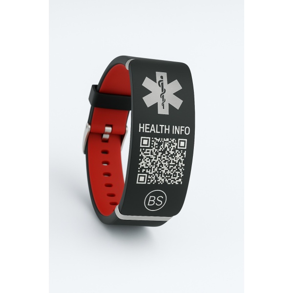 Medische ID-armband met QR-code en zwart siliconen horlogebandje – BeSafeCharm