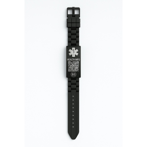 Zwarte medische QR-armband met geïntegreerde QR-code – BeSafeCharm