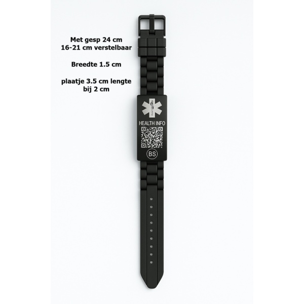 Zwarte BeSafeCharm QR-armband om de pols met medische informatie en noodcontact