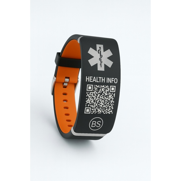 Medische QR-armband zwart met oranje binnenzijde voor noodgevallen – BeSafeCharm