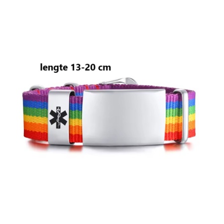 Kinder medische armband met regenboogband en roestvrijstalen plaatje van BeSafeCharm, geschikt voor polsen van 13 tot 20 cm.