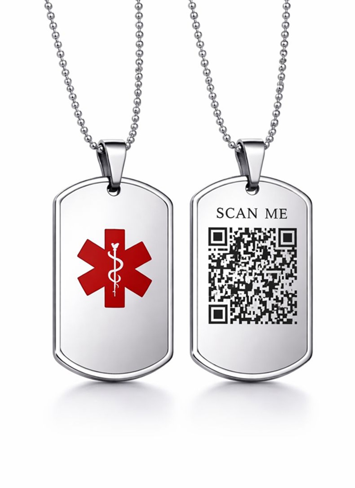 QR medische ID ketting van RVS met medisch logo en scanbare QR code