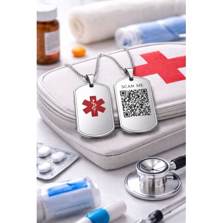 Medische QR code ketting van RVS op EHBO set met scanbare QR code