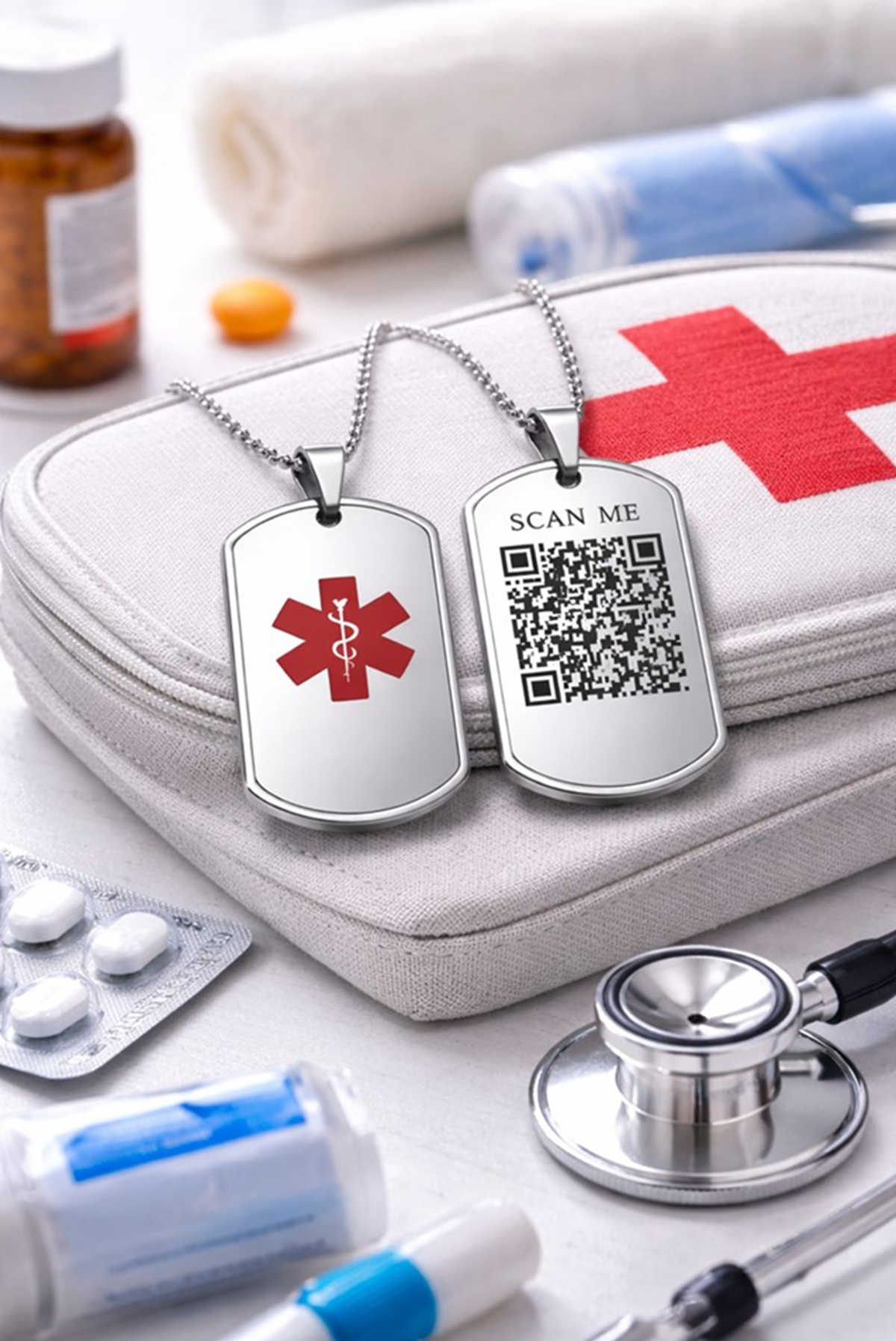 Medische QR code ketting van RVS op EHBO set met scanbare QR code