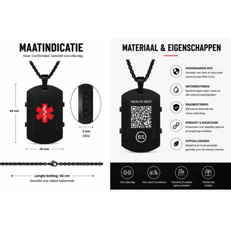 Stoere zwarte medische QR ketting van BeSafeCharm met noodinformatie en QR-code