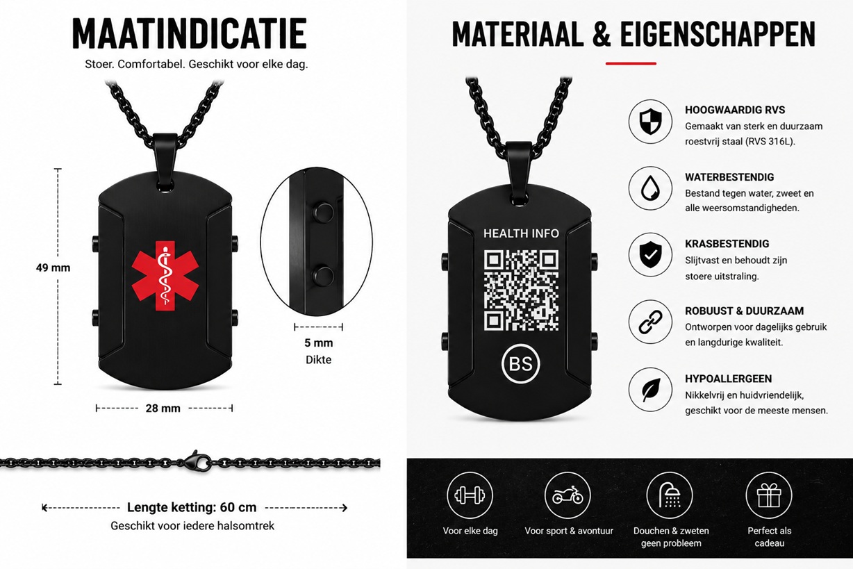 Stoere zwarte medische QR ketting van BeSafeCharm met noodinformatie en QR-code