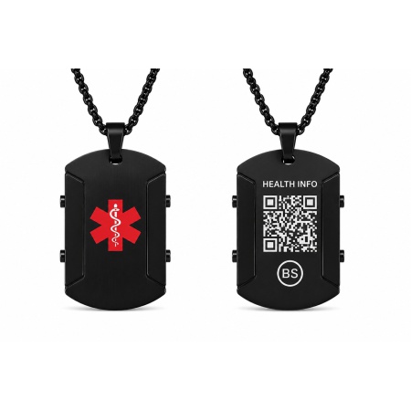 Stoere zwarte medische QR ketting van BeSafeCharm met noodinformatie en QR-code