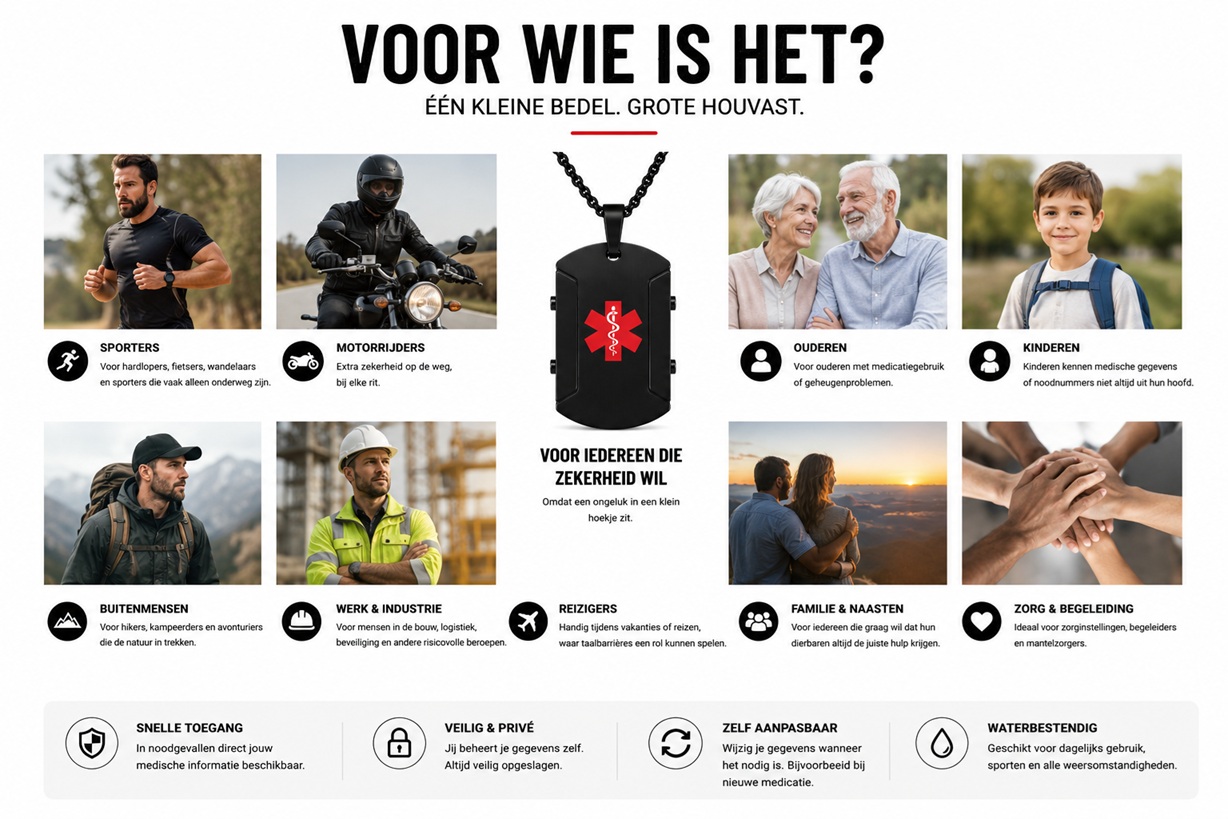 Stoere zwarte medische QR ketting van BeSafeCharm met noodinformatie en QR-code