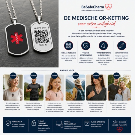 Zwarte medische QR ketting van BeSafeCharm met noodinformatie en QR-code