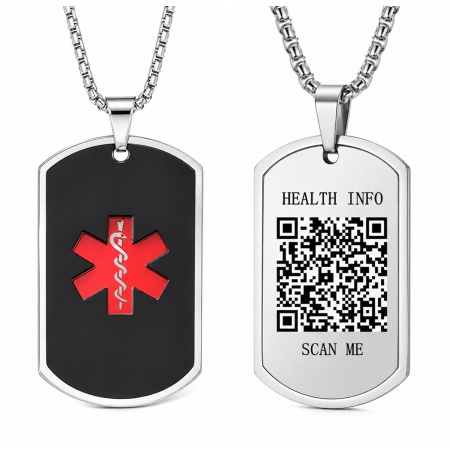 Zwarte medische QR ketting van BeSafeCharm met noodinformatie en QR-code
