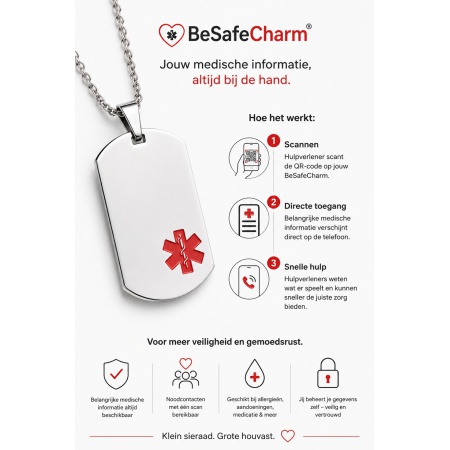 Medische QR ketting van BeSafeCharm met noodinformatie en QR-code