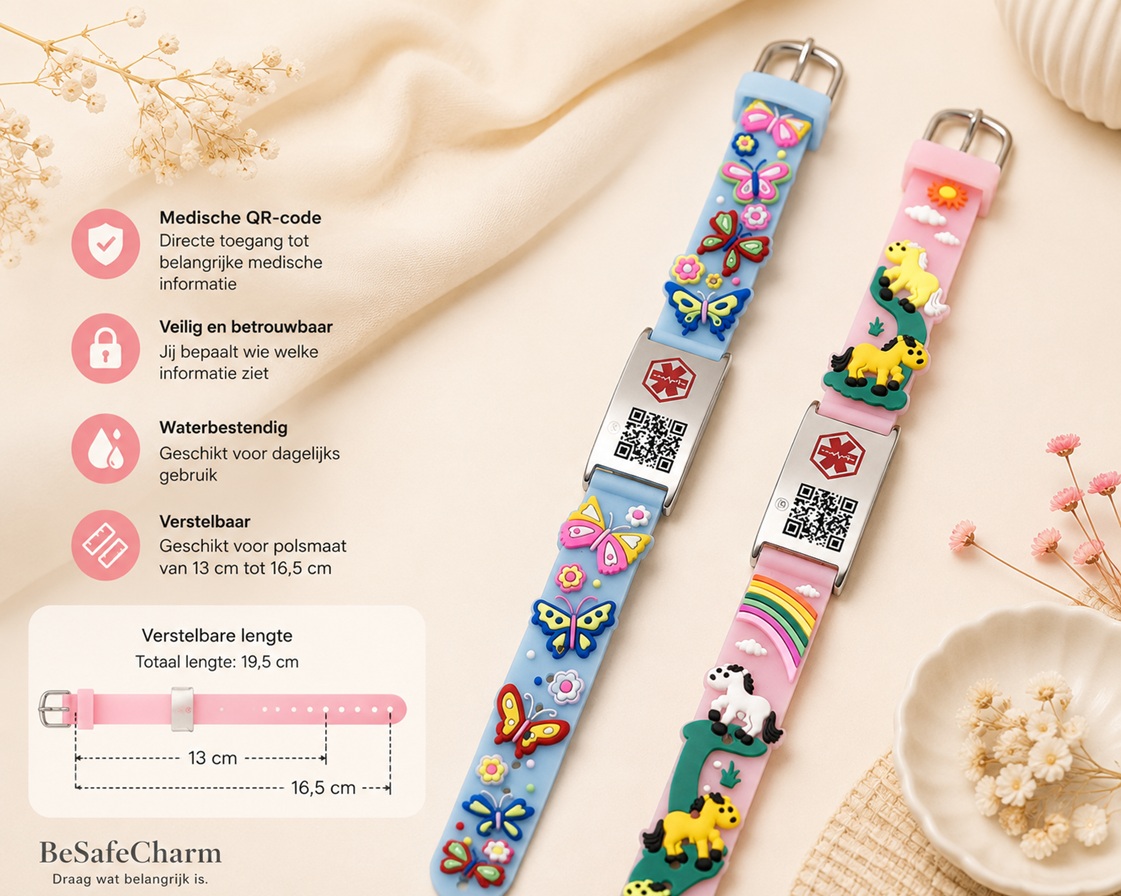 BeSafeCharm medische QR kinderarmband vlinders en paardjes met uitleg hoe de QR-code werkt