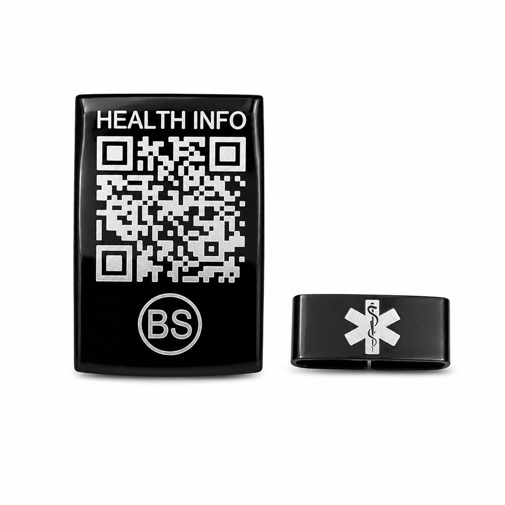 Zwarte BeSafeCharm medische QR horlogeclip van RVS met losse logo-clip op een witte achtergrond