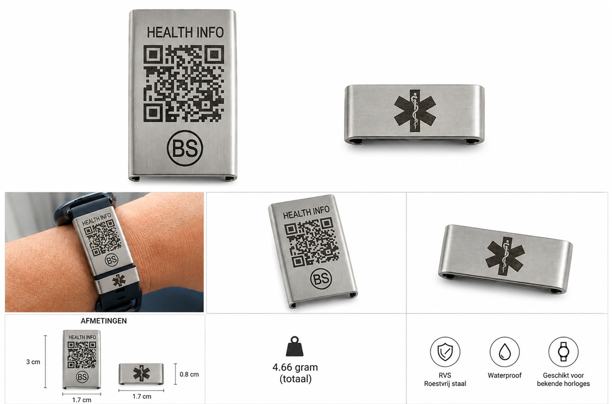 Overzicht van de BeSafeCharm medische QR horlogeclip met online medisch profiel, afmetingen en producteigenschappen.