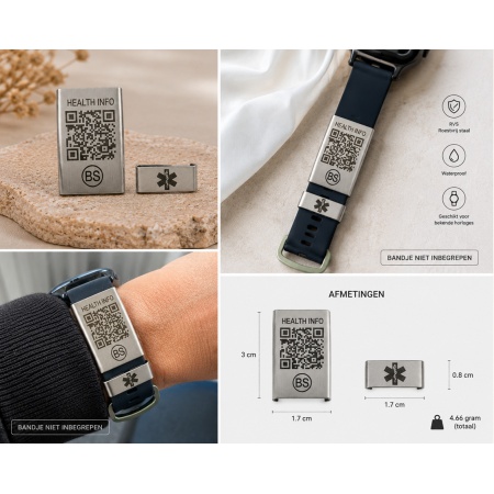 Overzicht van de BeSafeCharm medische QR horlogeclip met RVS clip, online medisch profiel, afmetingen en producteigenschappen.