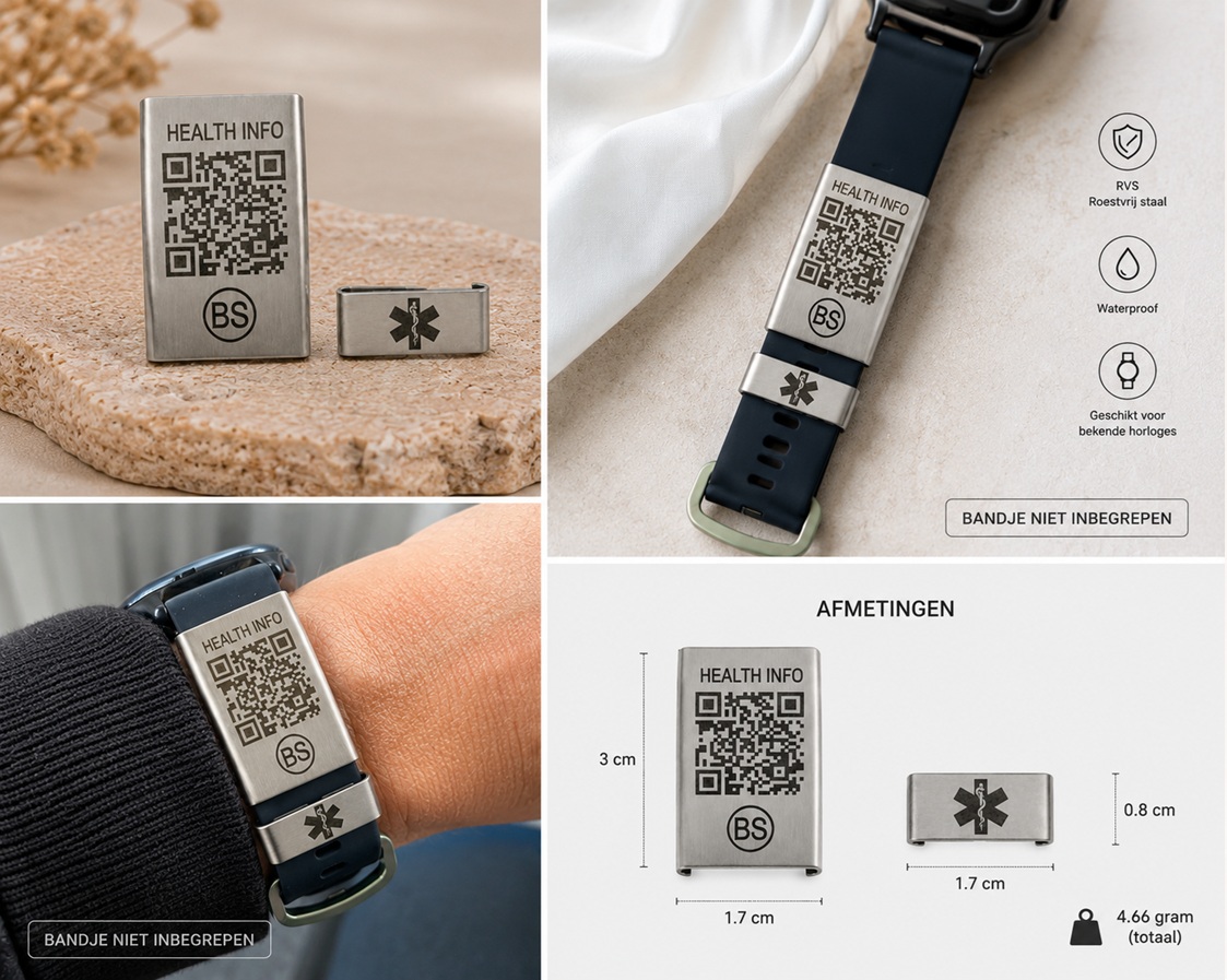 Overzicht van de BeSafeCharm medische QR horlogeclip met RVS clip, online medisch profiel, afmetingen en producteigenschappen.